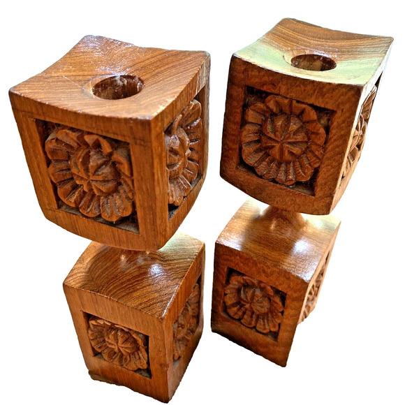 VTG Carved Wood Candlesticks Mid Century Taper Candle Holders Thai Philippines? - Picture 8 of 10